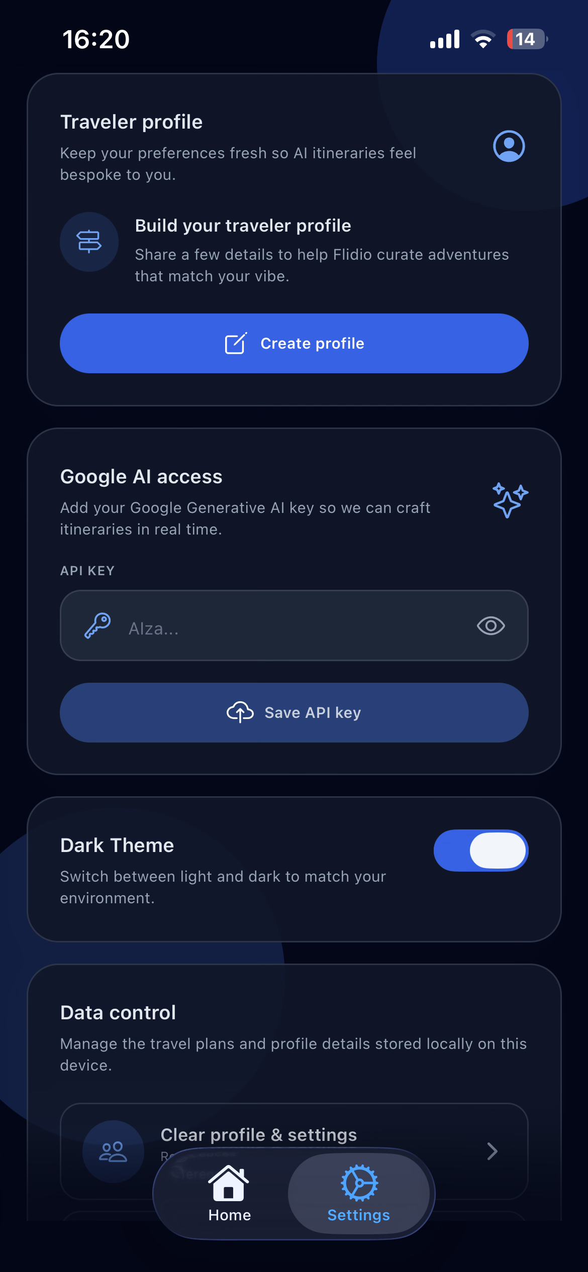 Flidio settings screen